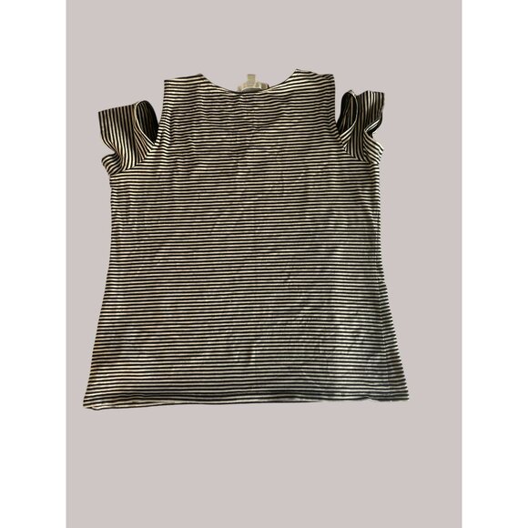 Michael Kors Black & Tan Striped Cold Shoulder Top Size L - Picture 2 of 4